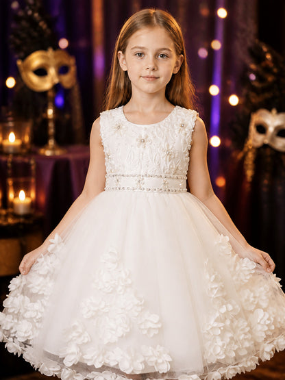 Toddler Girls' White Princess Dress with Floral Embroidery, Beaded Waist and