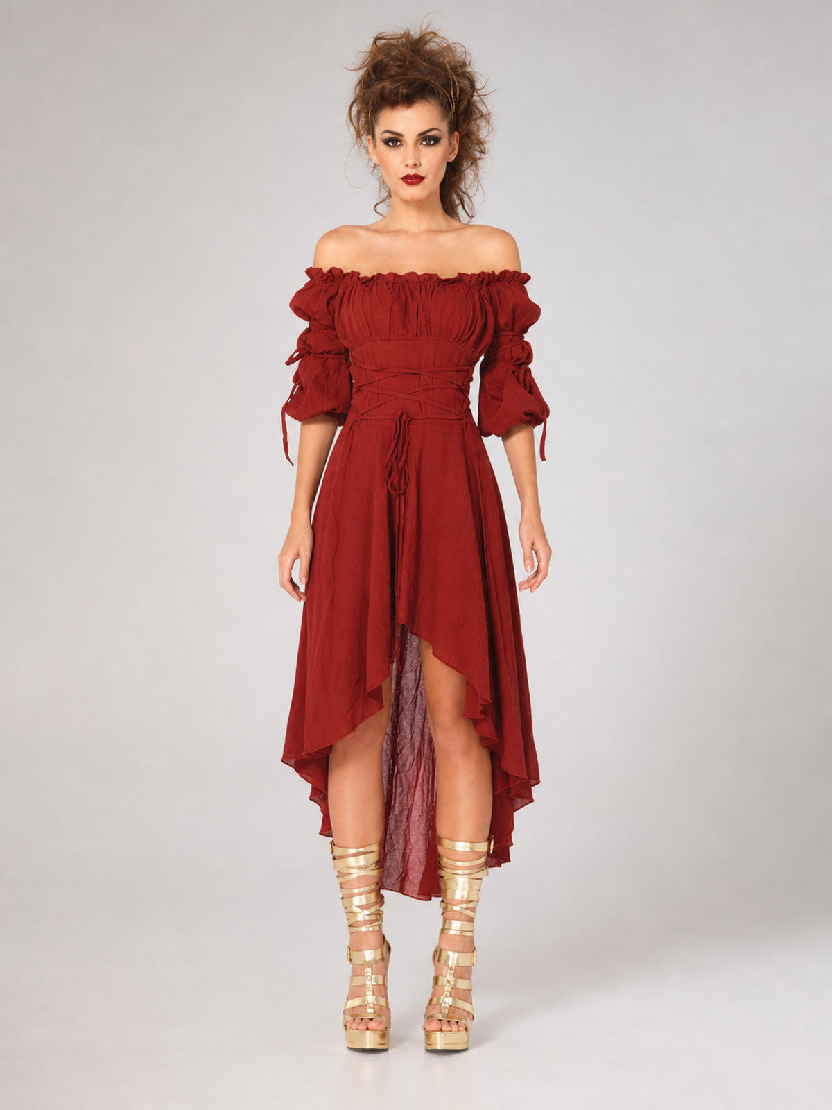 Dark Red Stage Dress with an Asymmetrical Hem front view