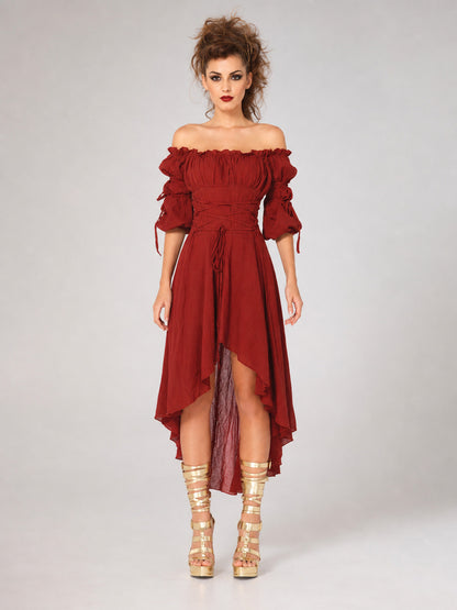 Dark Red Stage Dress with an Asymmetrical Hem front view