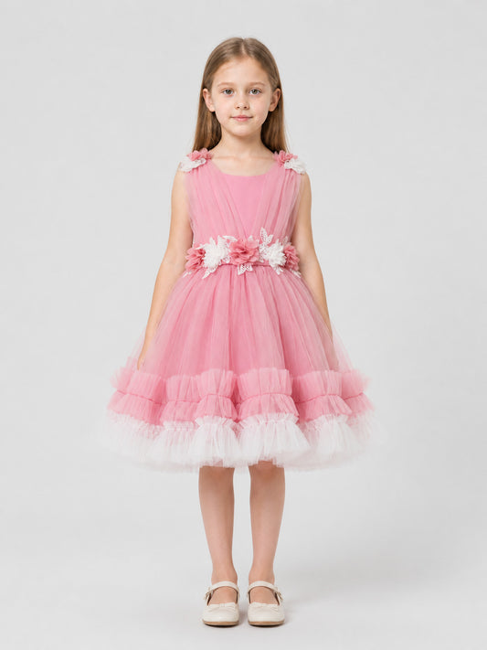 Festive Tulle Dress with Floral Decoration on-model view