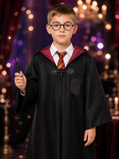 Kids Wizard Costume Set with Hooded Robe, Shirt, Pants, Striped Tie and Glasses
