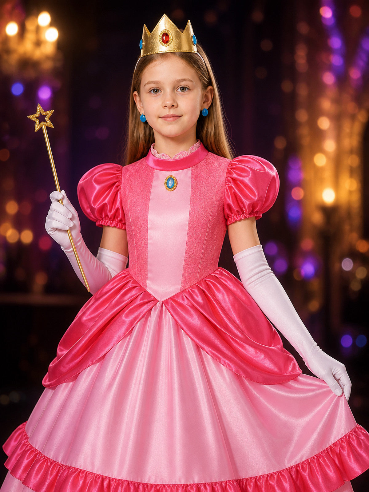 Girls Princess Costume Set with Crown and Wand, Pink Lace Ball Gown for on-model view