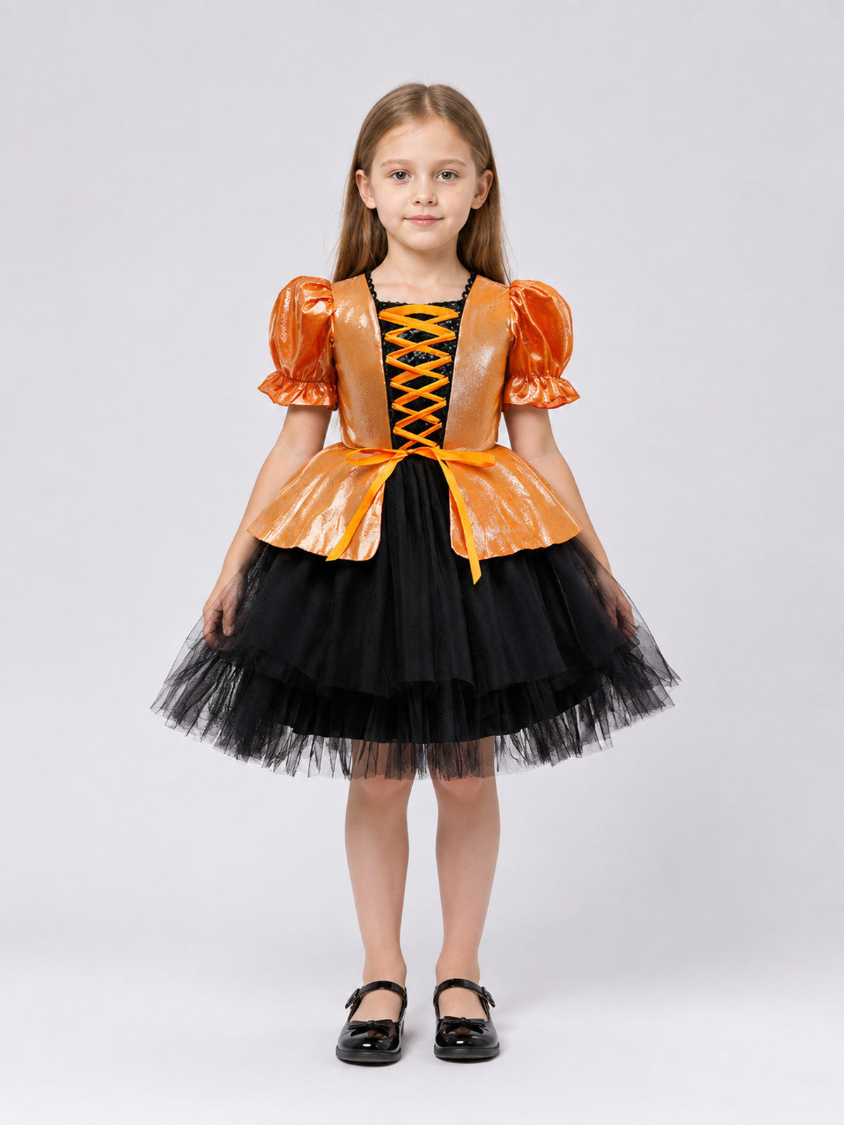 Children’s Black and Orange Witch Costume Dress on-model view