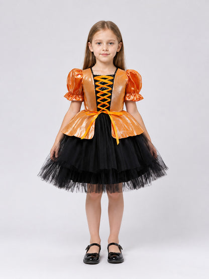 Children’s Black and Orange Witch Costume Dress on-model view
