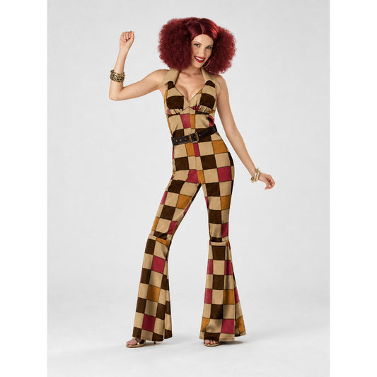 70s Disco-Style Plaid Jumpsuit with Belt