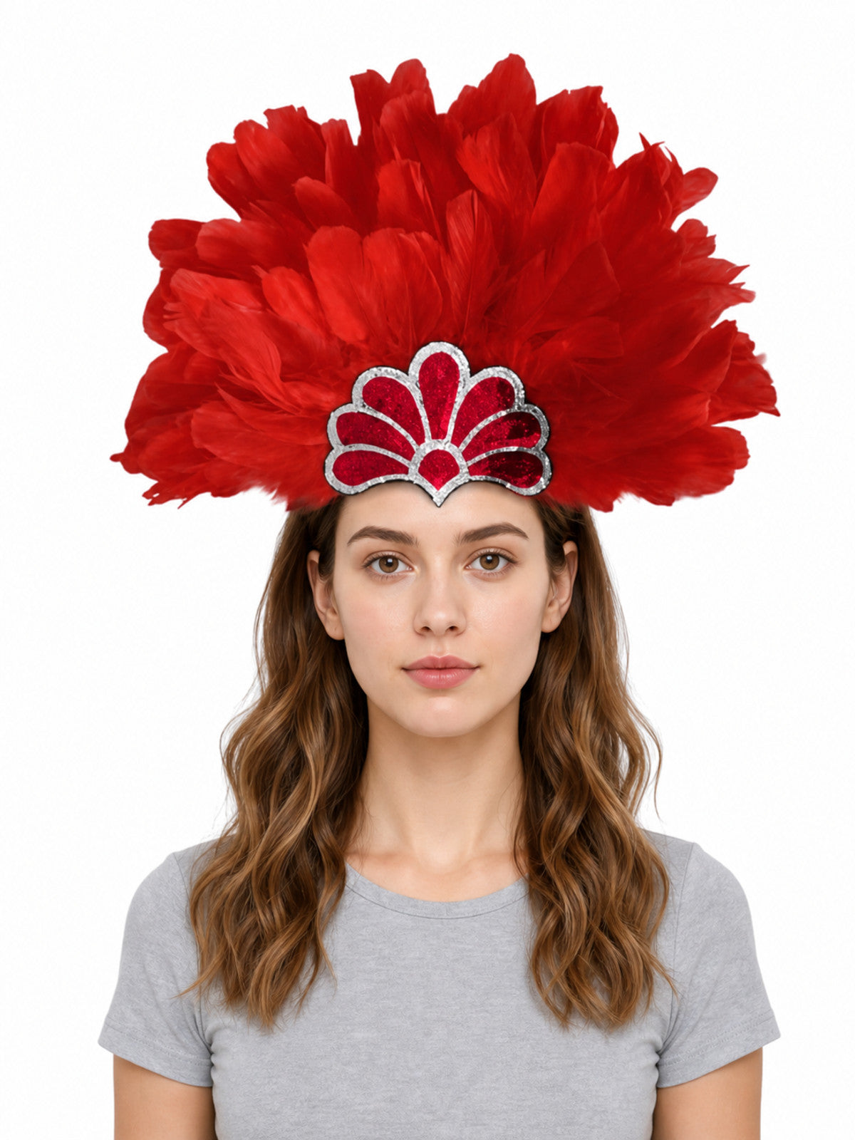 Red feather headpiece with a silver-trimmed fan decoration, shown on a model against a white background