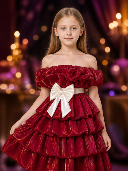 Baby Girls' Maroon Princess Dress with Layered Ruffle Skirt and White Bow on-model view
