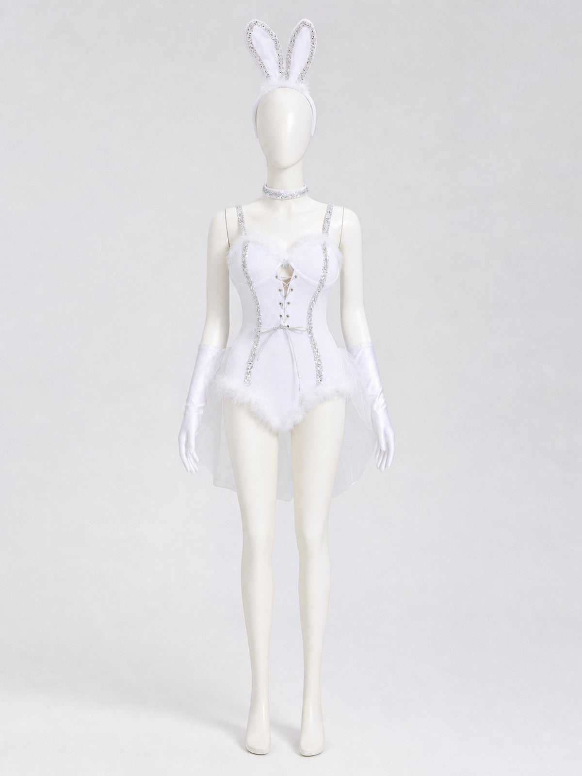 White One-Piece Rabbit Costume with Ears and Trim on-model view