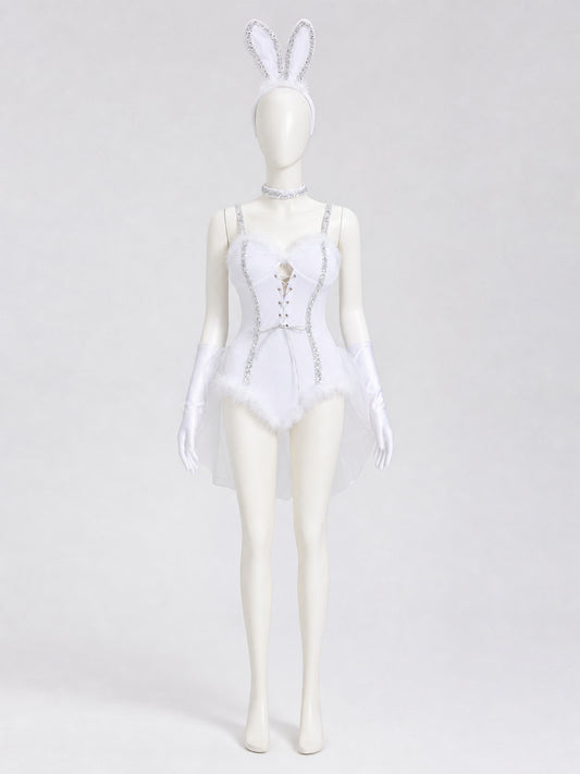 White One-Piece Rabbit Costume with Ears and Trim on-model view