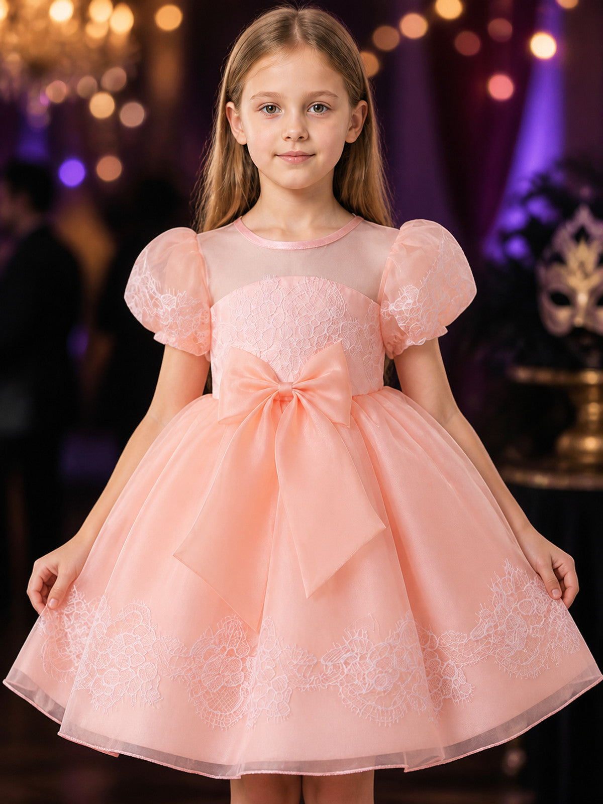 Girls' Pink Princess Dress with Lace Trim, Large Bow, and Puff Sleeves on-model view