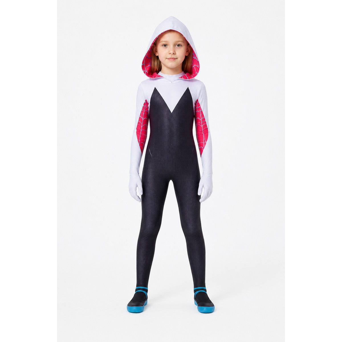 Hooded superhero jumpsuit in red, white, and black main product view