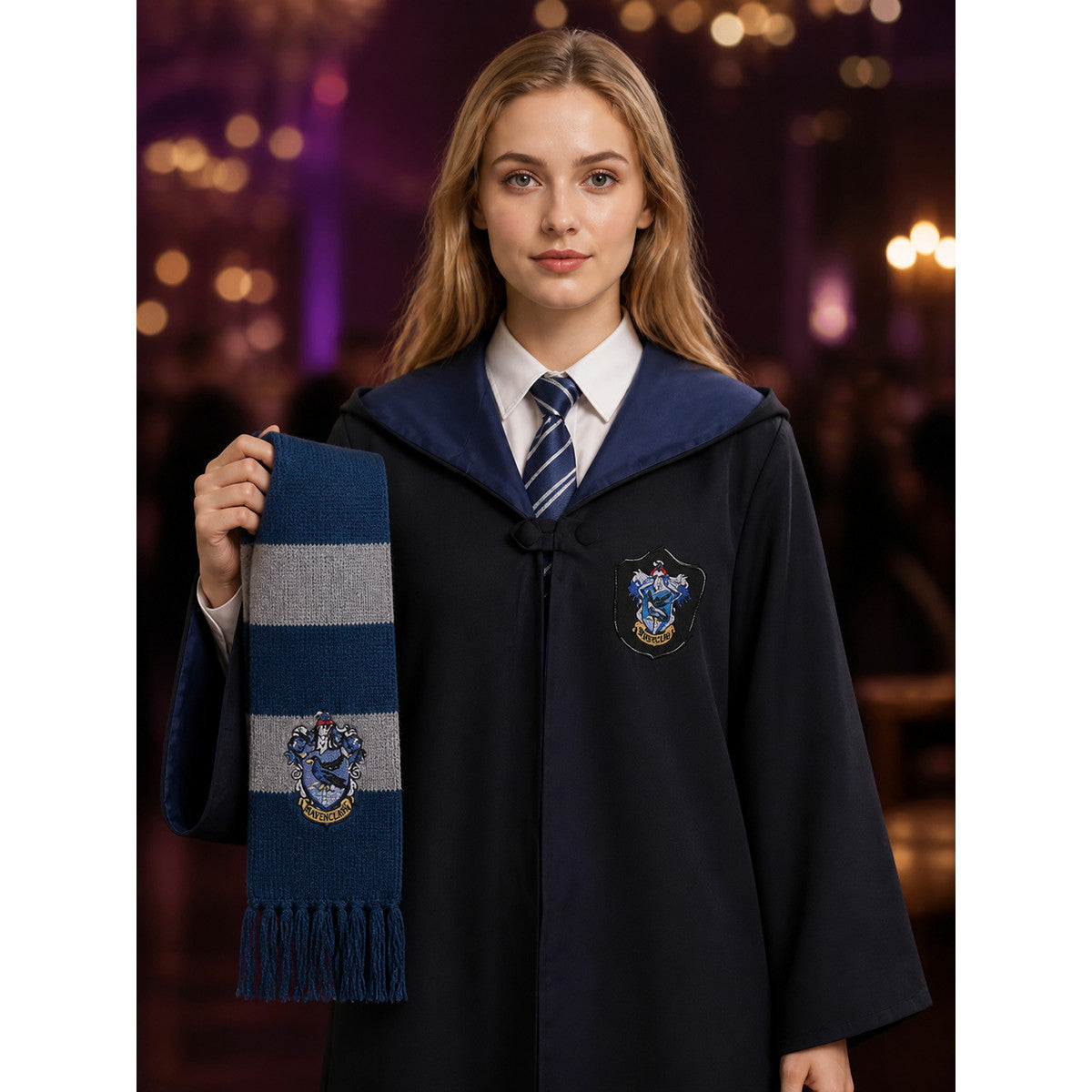 Wizard Robe Costume Set with House Crest, Striped Scarf and Tie for Halloween on-model view