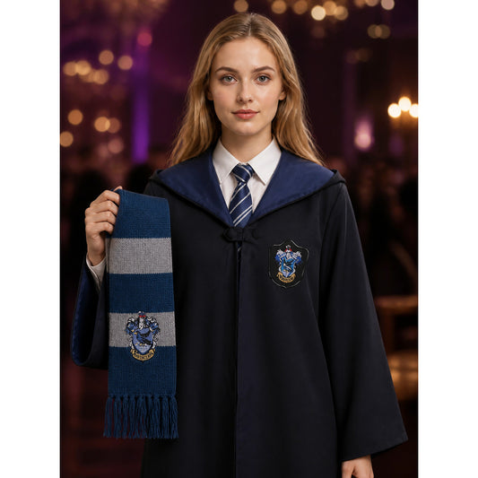 Wizard Robe Costume Set with House Crest, Striped Scarf and Tie for Halloween on-model view