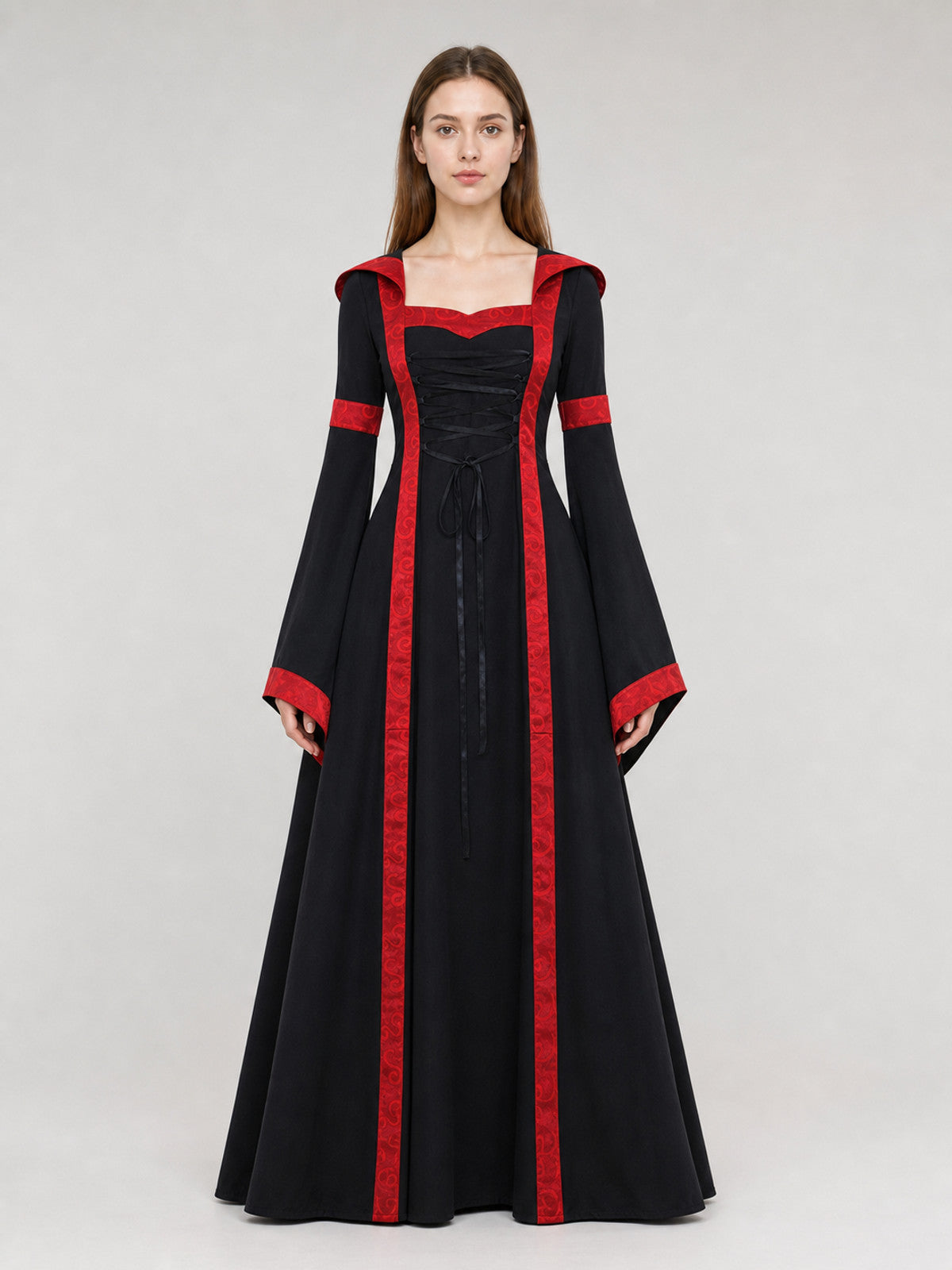 Gothic Vintage Hooded Dress with Lace-Up Detail front view