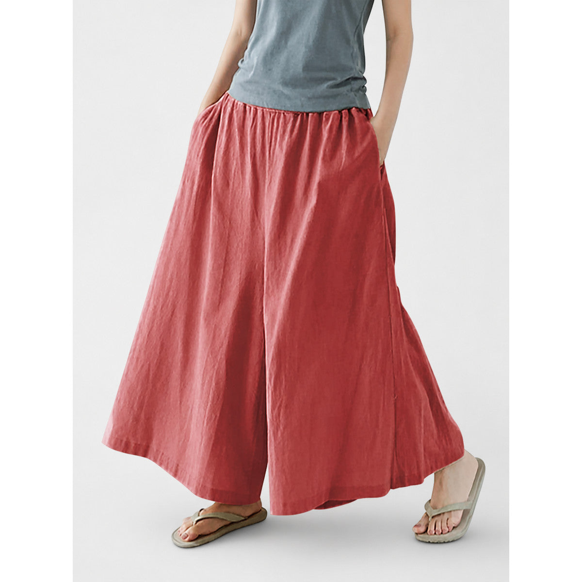 Wide-Leg Pants with Elastic Waistband and Side Pockets
