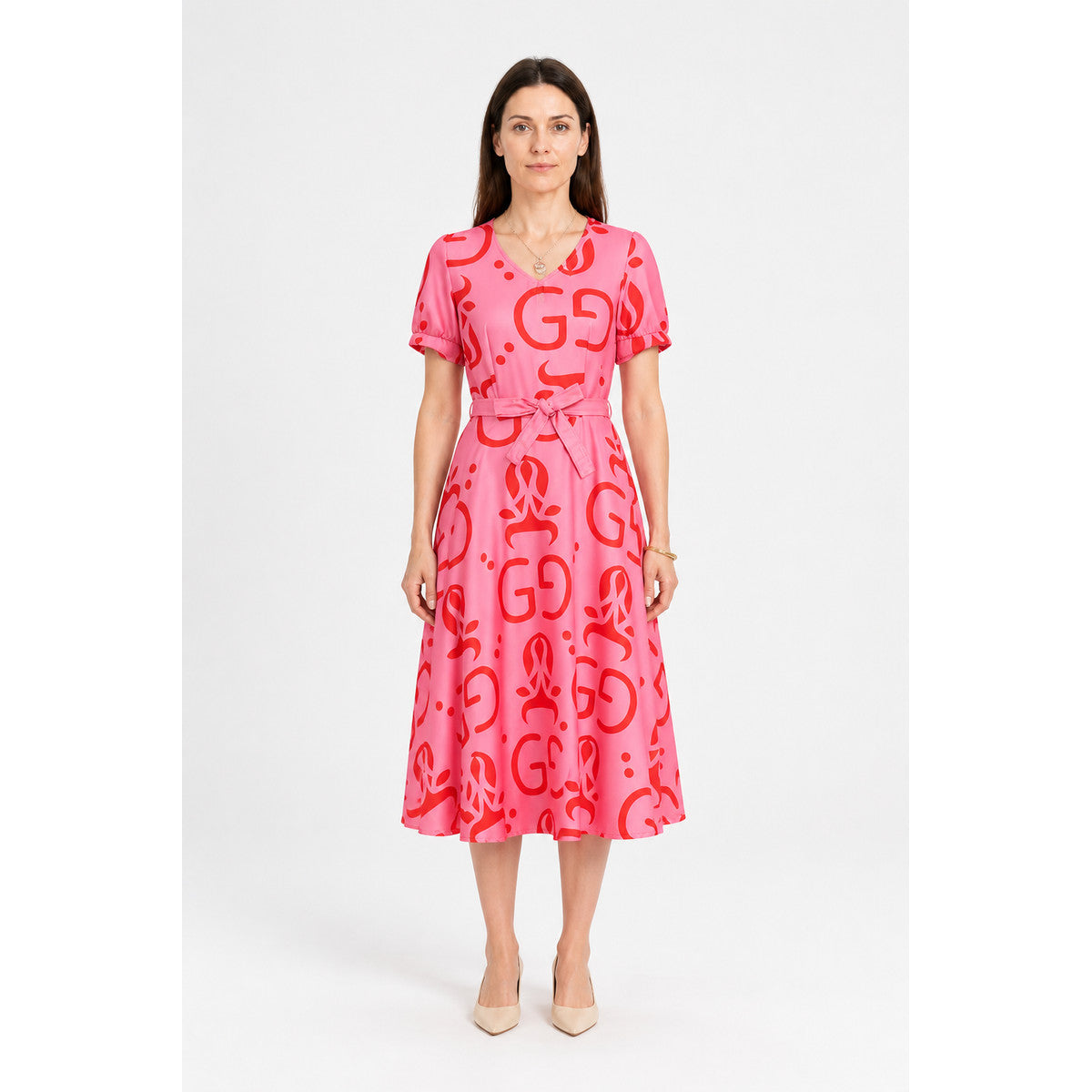 Pink cosplay dress with red print and accessories main product view