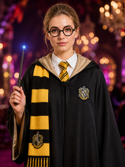 Hufflepuff Wizard Costume Set, Hooded Robe With Striped Scarf, Tie, Glasses & on-model view