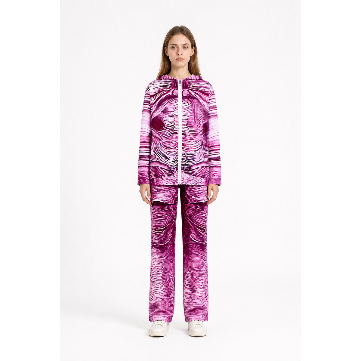 Hooded Jacket and Pants Costume with Pink, White, and Black Print main product view