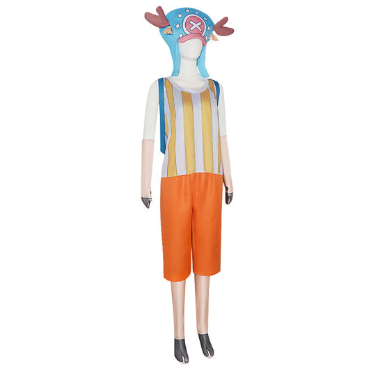 Adult Chopper cosplay costume on a mannequin: striped sleeveless top, orange knee-length pants, antler hat and gloves, front view