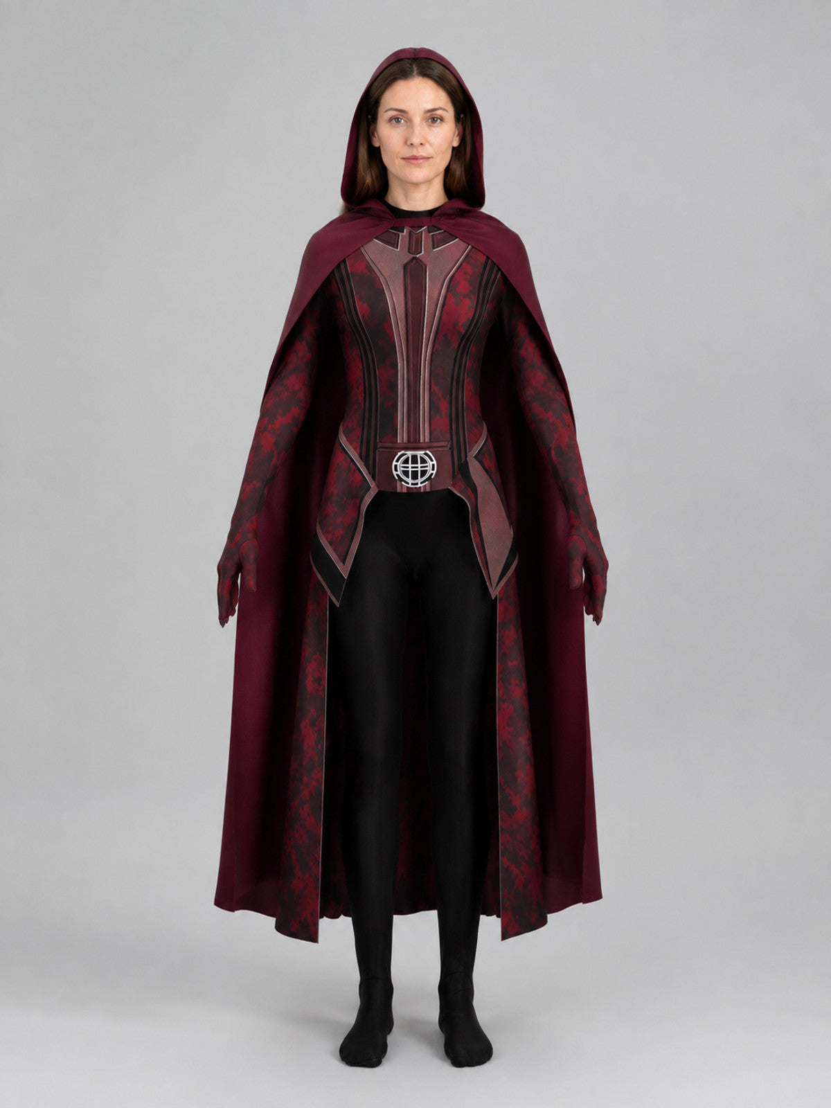 Cosplay Costume with a Long Hooded Cape on-model view