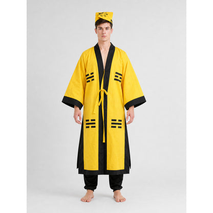 Yellow Taoist Costume with Black Trim and Hat front view