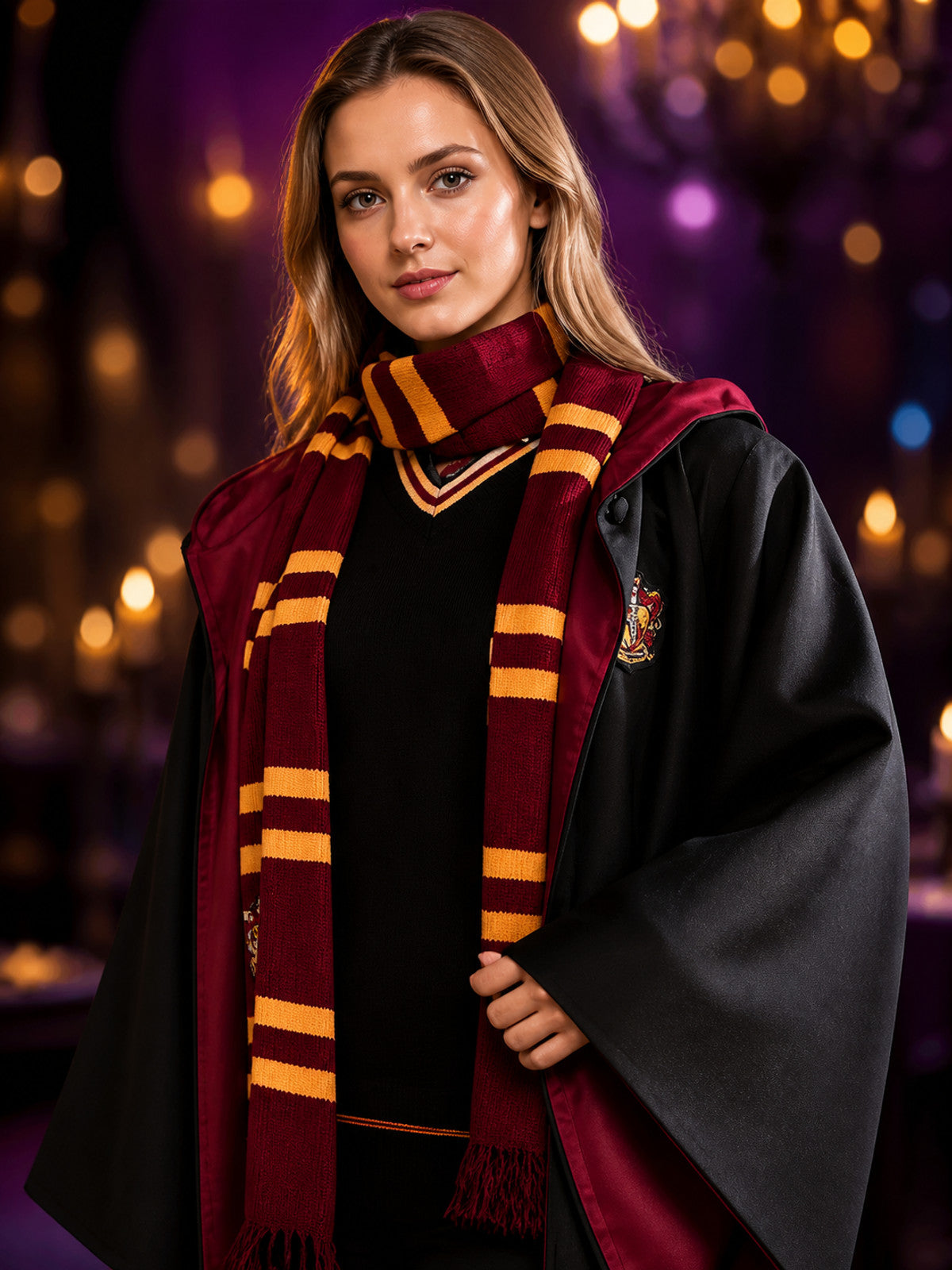 Wizard Costume Set, Long Robe Cloak With Red-Gold Striped Scarf, Halloween on-model view