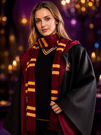 Wizard Costume Set, Long Robe Cloak With Red-Gold Striped Scarf, Halloween on-model view