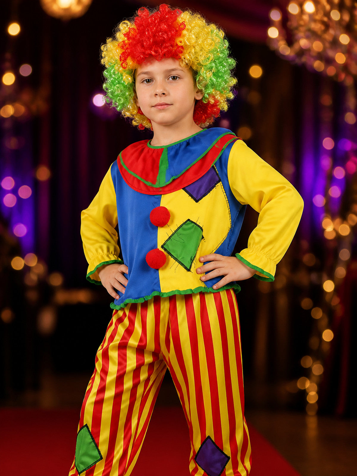 Kids Clown Circus Costume Set with Rainbow Wig Hat, Patchwork Top and Pants on-model view