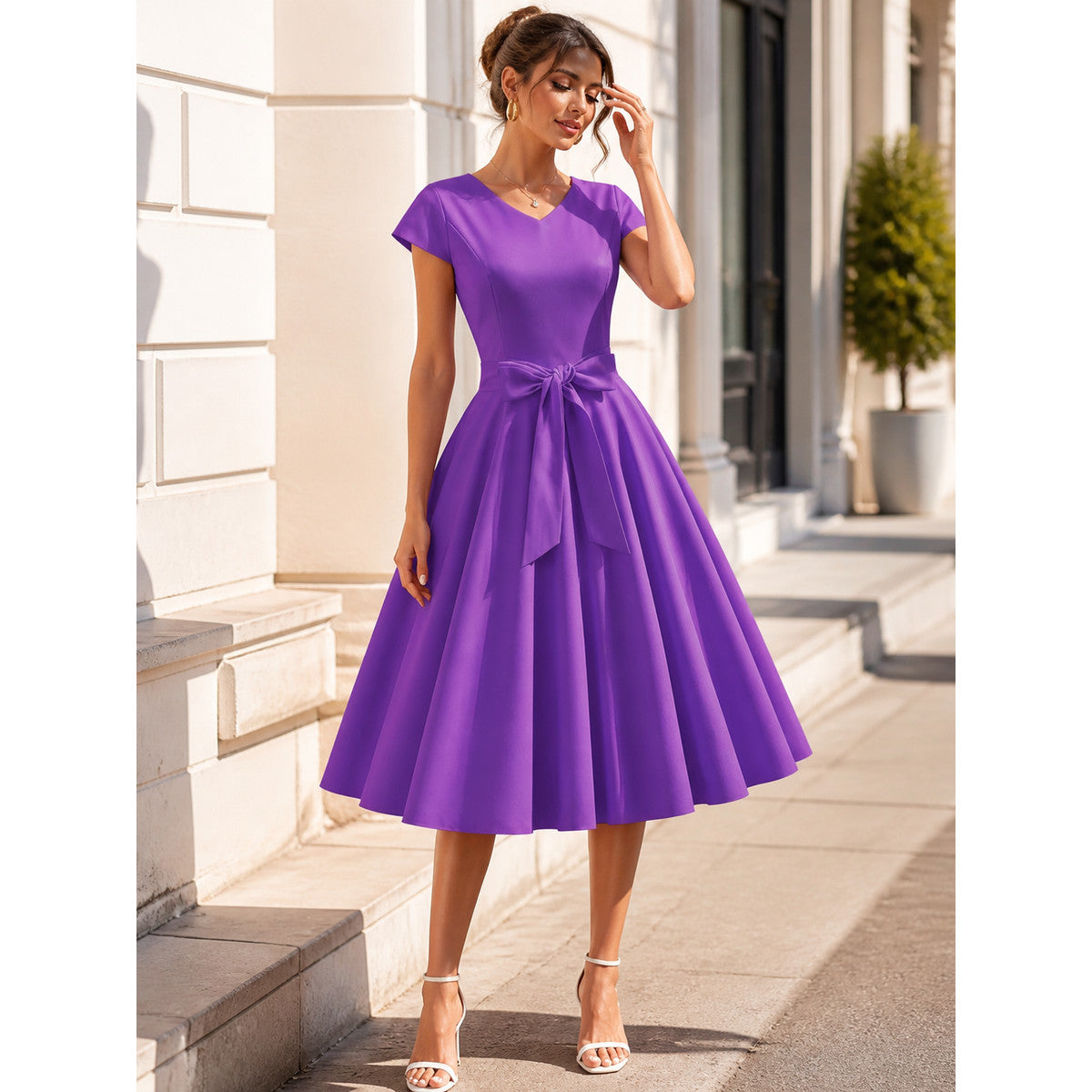 Purple V-Neck Dress with Bow