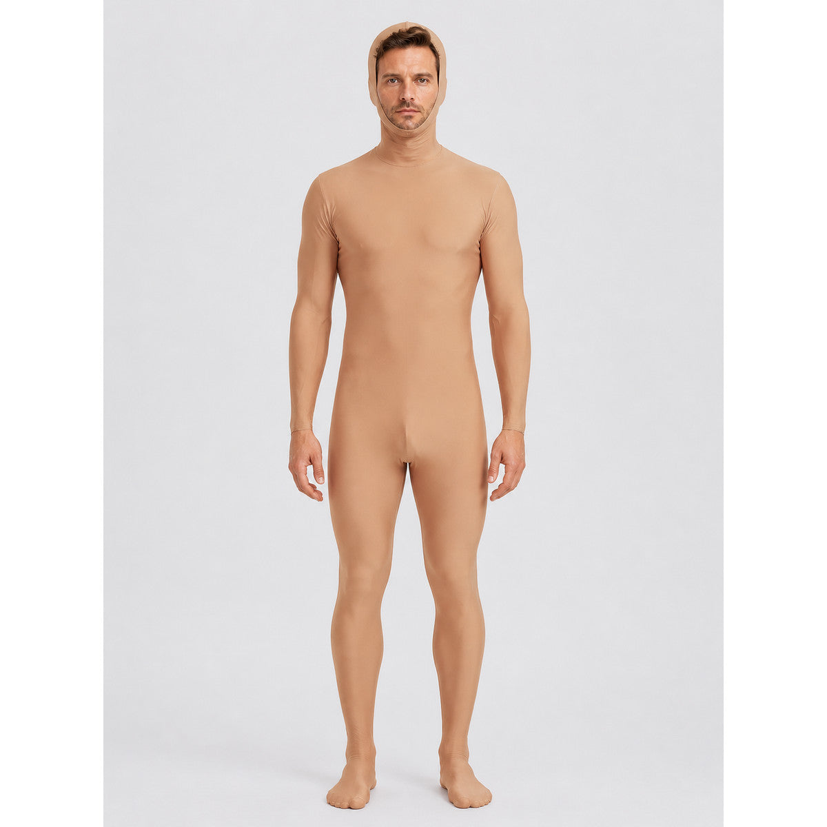 Light Brown Hooded Open-Face Zentai Suit on-model view