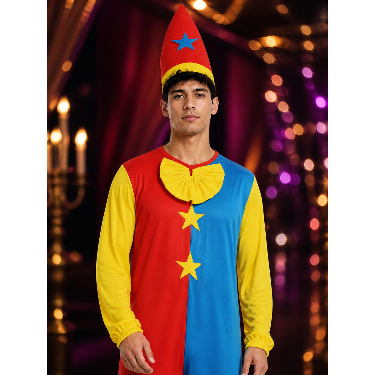 Unisex Clown Jumpsuit Costume Set With Pointed Hat And Star Decorations For on-model view