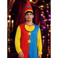 Unisex Clown Jumpsuit Costume Set With Pointed Hat And Star Decorations