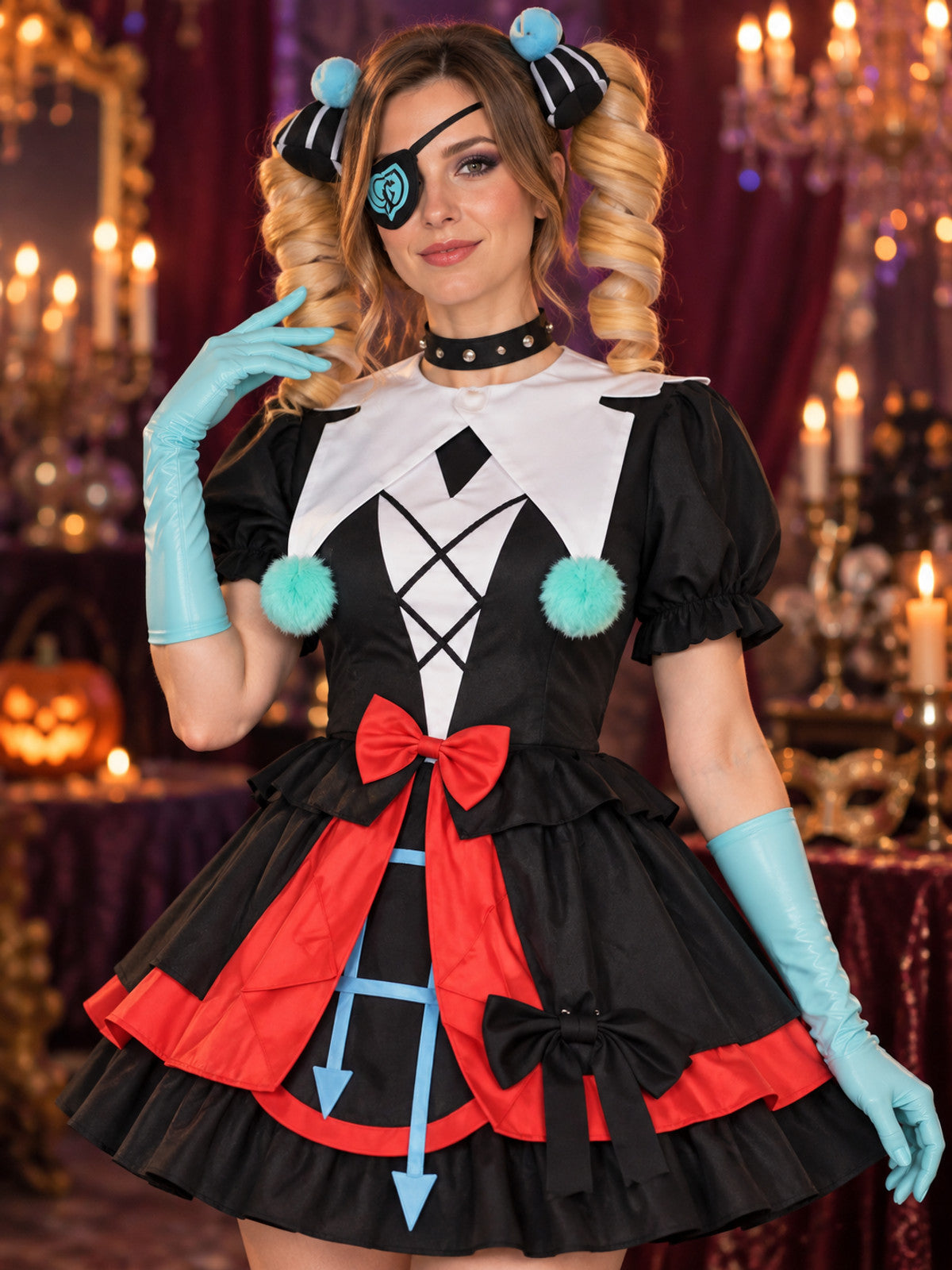 Cosplay costume with a white cape, black dress, and bows