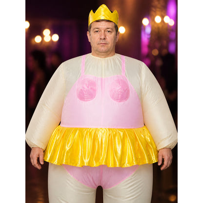 Funny Inflatable Dance Costume, White Bodysuit with Yellow Skirt and Crown on-model view