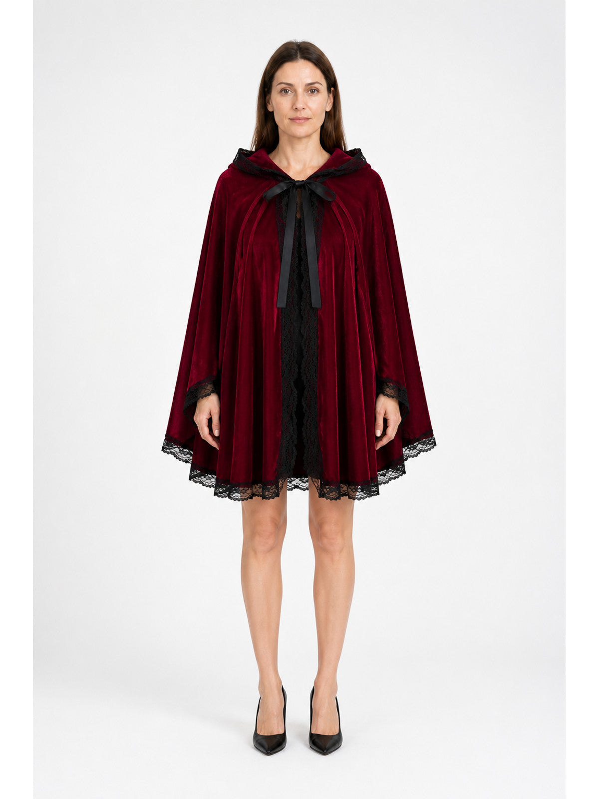 Burgundy Hooded Cape with Black Lace and Bow main product view