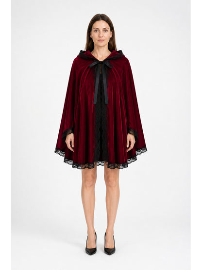 Burgundy Hooded Cape with Black Lace and Bow main product view