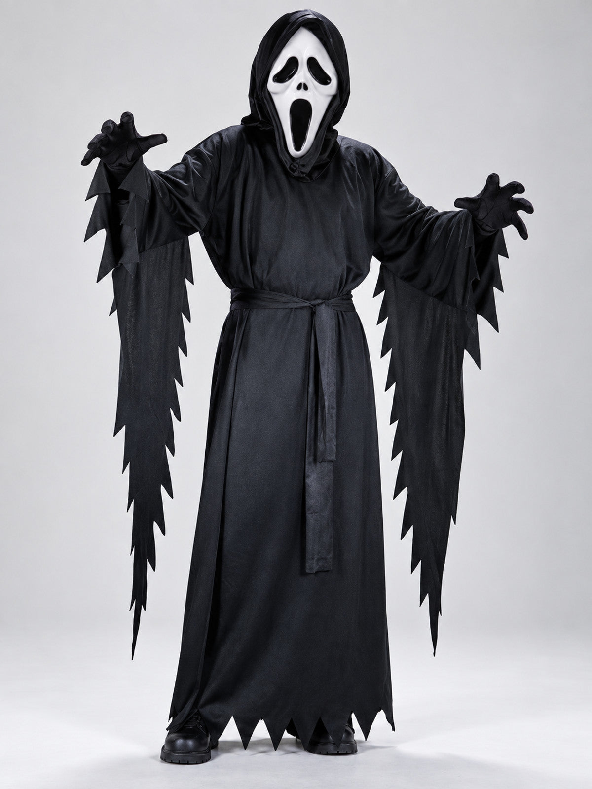 Ghost Halloween Costume: White Mask, Black Hooded Robe