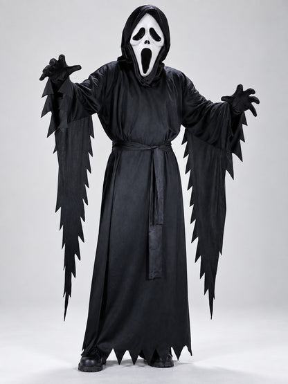 Ghost Halloween Costume: White Mask, Black Hooded Robe