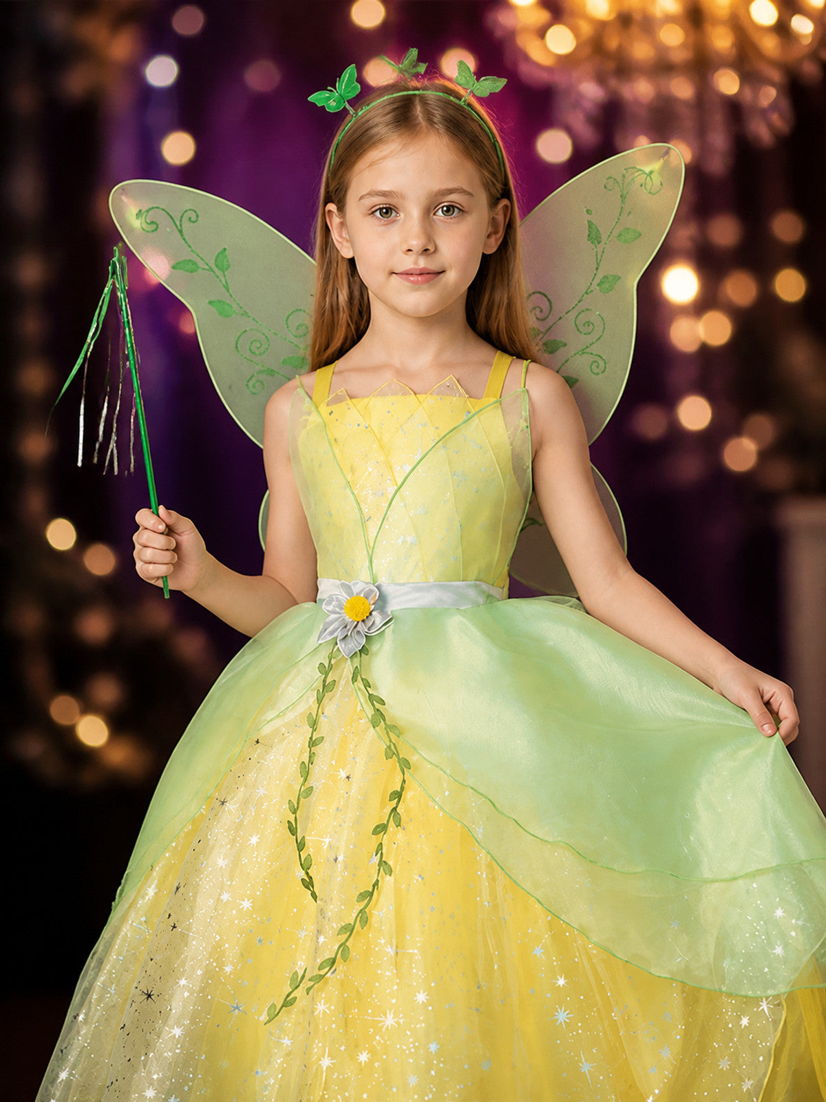 Girls Sparkle Princess Costume Dress with Green Vine Trim, Translucent Layered on-model view