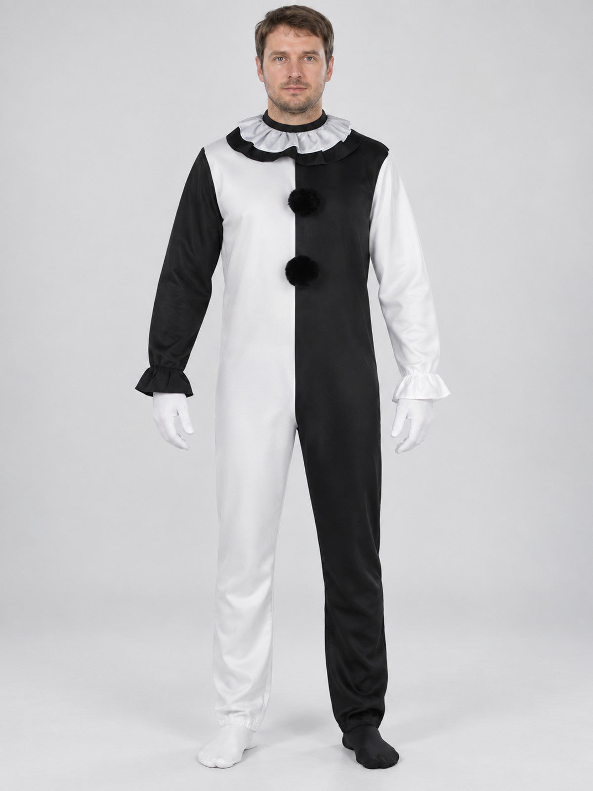 Black and White Clown Costume with Ruffles and Pom-Poms, 3 Pieces