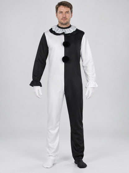 Black and White Clown Costume with Ruffles and Pom-Poms, 3 Pieces