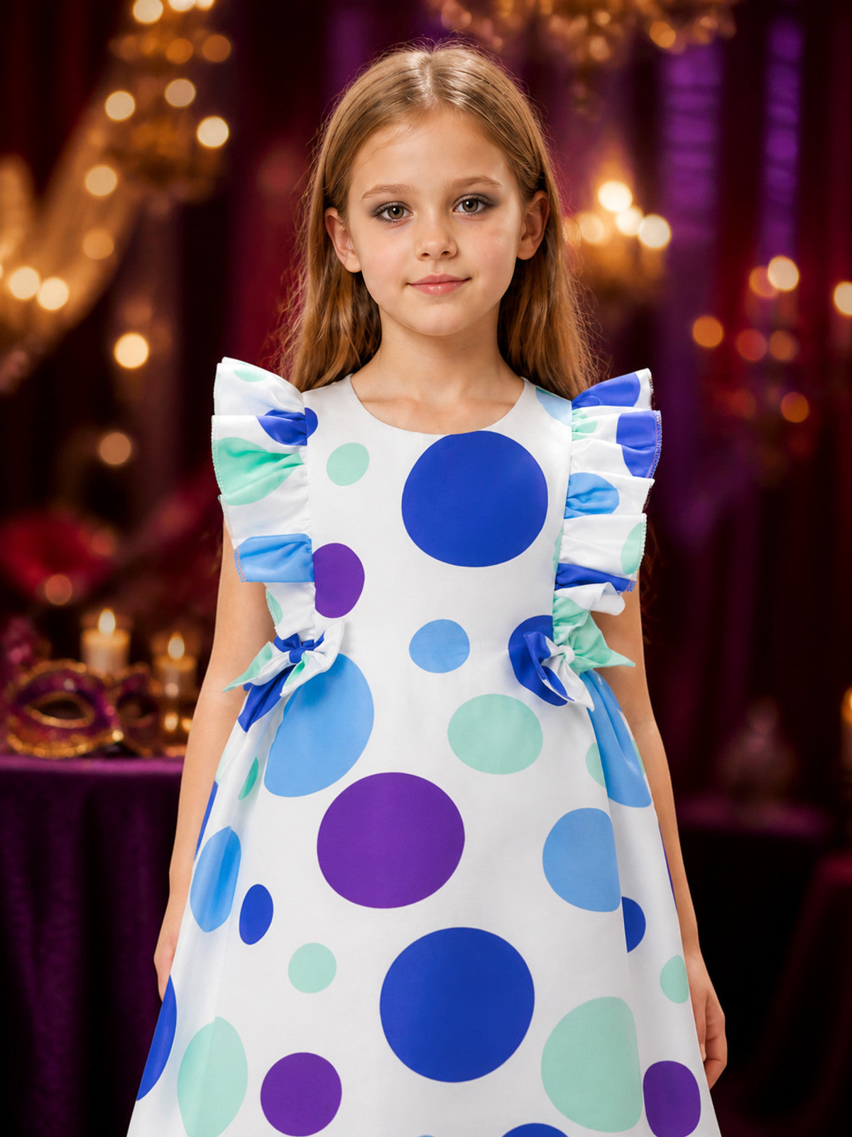 Girls' Polka Dot Princess Dress With Bow Accents, Flutter Sleeves, A-Line Formal on-model view