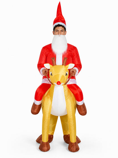 Inflatable Santa Claus Riding a Reindeer Costume, One Size front view