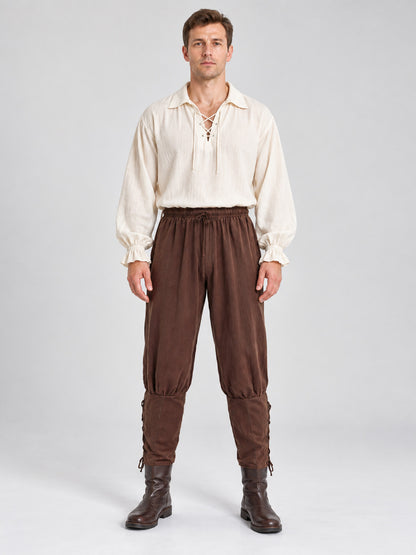 Brown Loose-Fit Pants with Drawstrings and Lacing