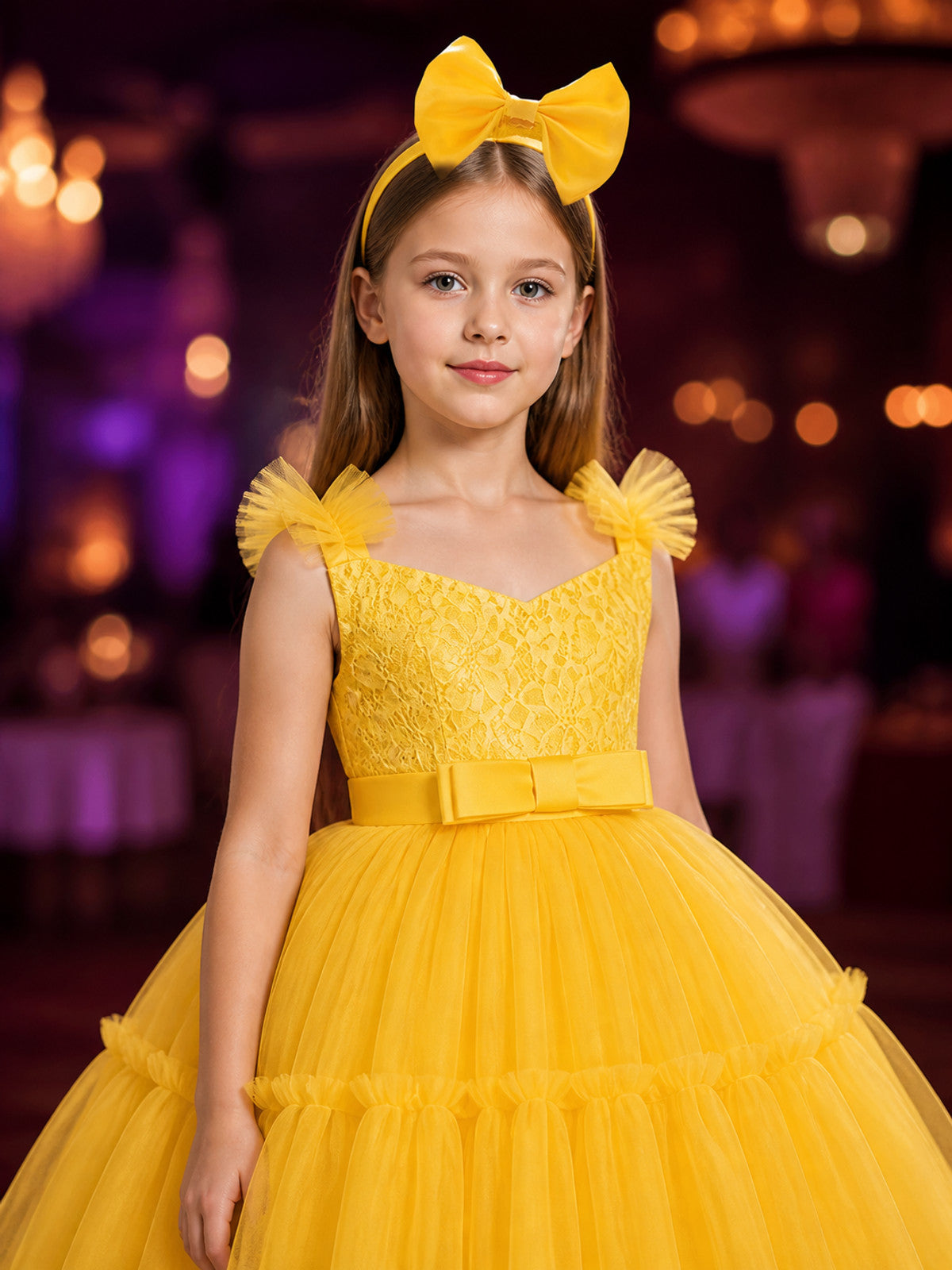 Toddler Girls' Yellow Princess Dress with Lace Bodice, Layered Tulle Skirt and on-model view