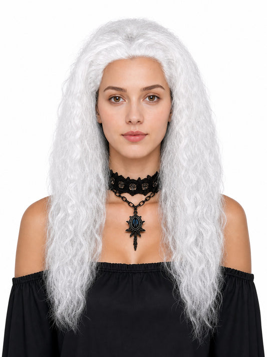 Long white wavy wig worn by a woman in a black off-shoulder outfit, shown from the front against a white background