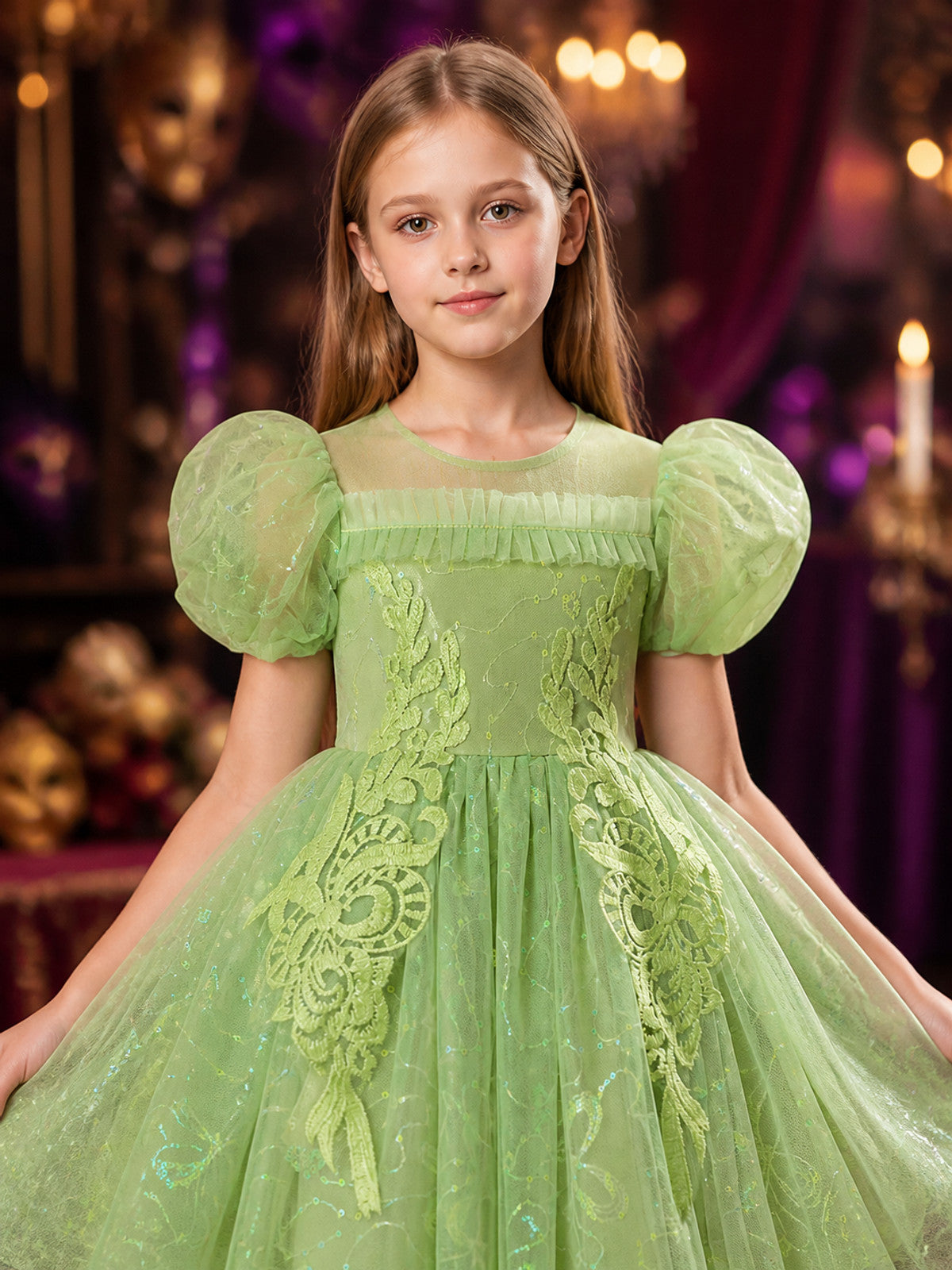 Girls' Mint Green Princess Dress with Puff Sleeves, Sequined Floral Embroidery on-model view