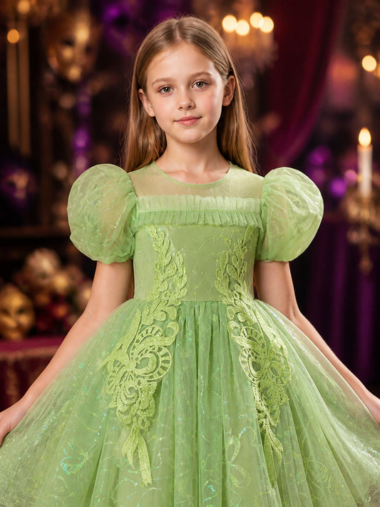 Girls' Mint Green Princess Dress with Puff Sleeves, Sequined Floral Embroidery on-model view