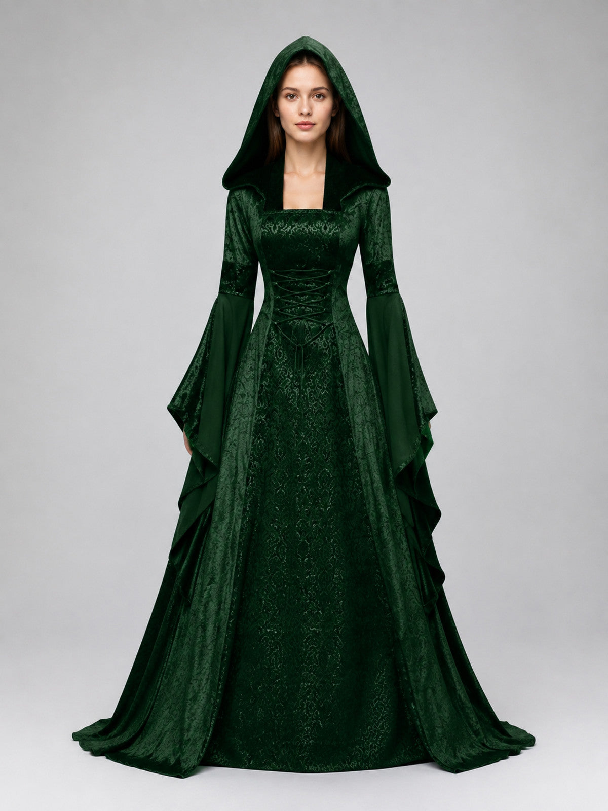 Medieval Hooded Dress with Corset Lacing on-model view