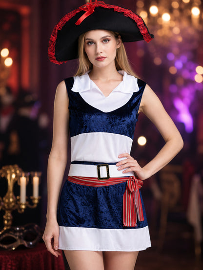 Adult Pirate Costume Set, Navy Sleeveless Dress With Hat, Belt And Waist Tie on-model view